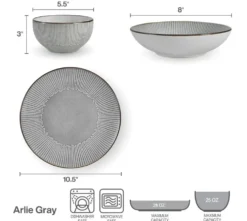 Arlie Gray 12 Piece Pasta Dinnerware Set, Service for 4