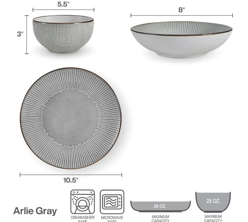 Arlie Gray 12 Piece Pasta Dinnerware Set, Service for 4
