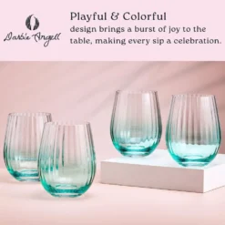 Darbie Angell Good Day Teal Set of 4 Stemless Wine Glasses