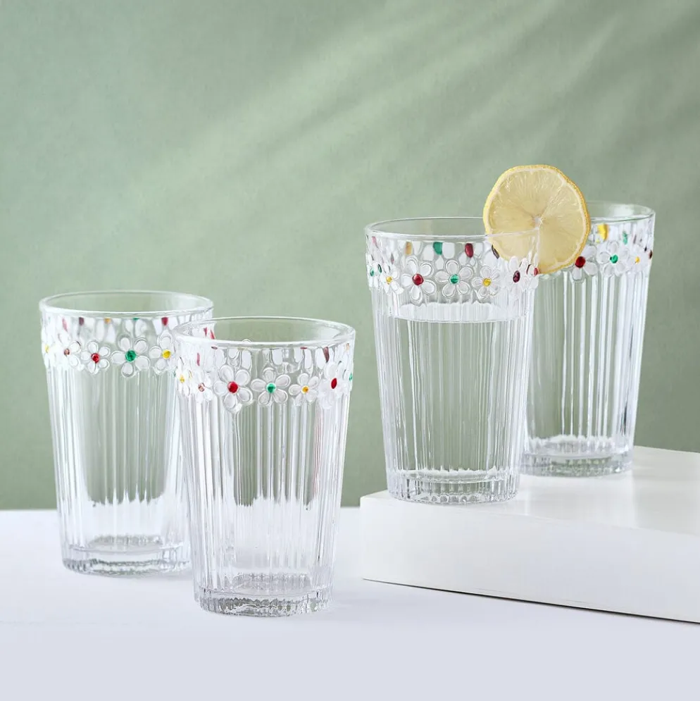 Darbie Angell Painted Daisy Set of 4 Highball Glasses