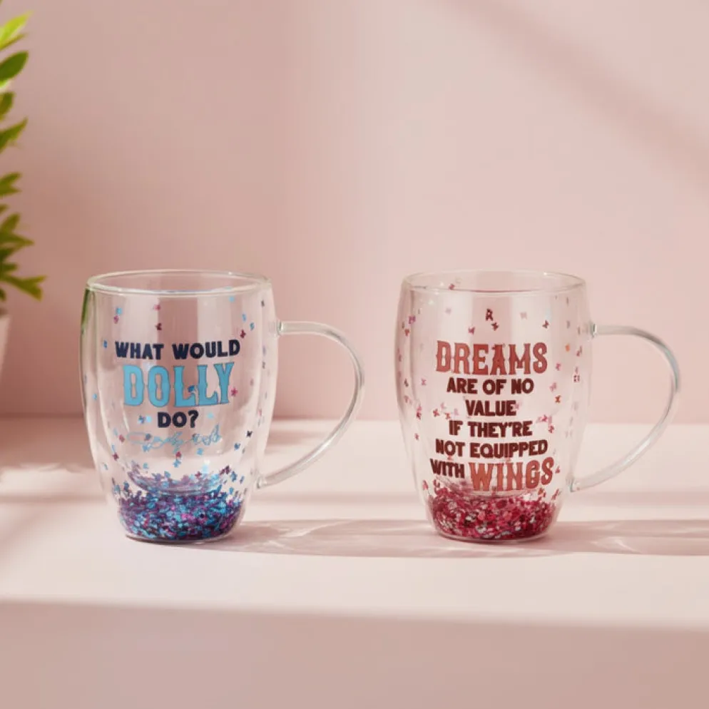 Dolly Parton Confetti Set of 2 Double Wall Glass Mugs