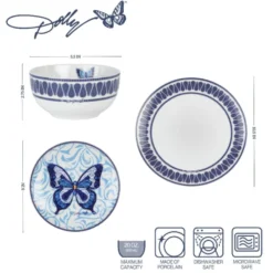 Dolly Parton Mosaic Blue Butterfly 12 Piece Dinnerware Set Service for 4