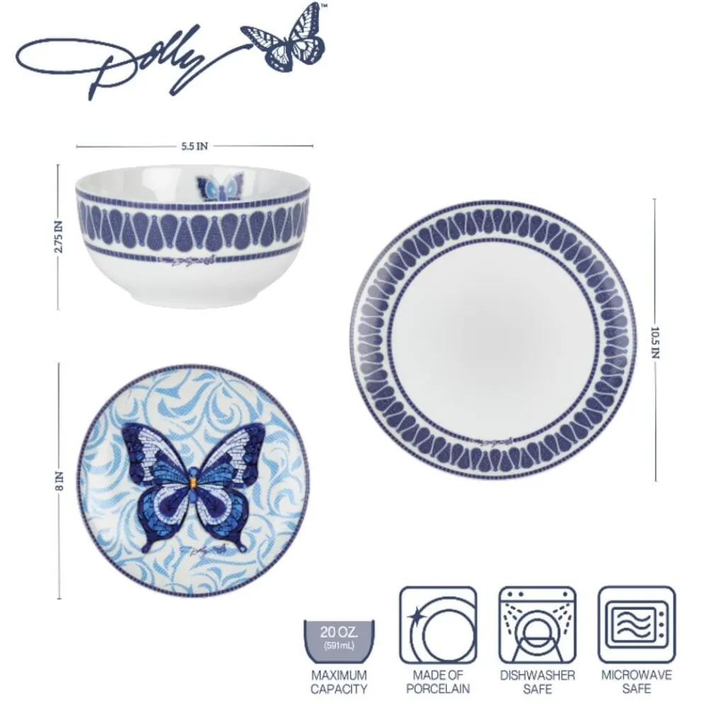Dolly Parton Mosaic Blue Butterfly 12 Piece Dinnerware Set Service for 4