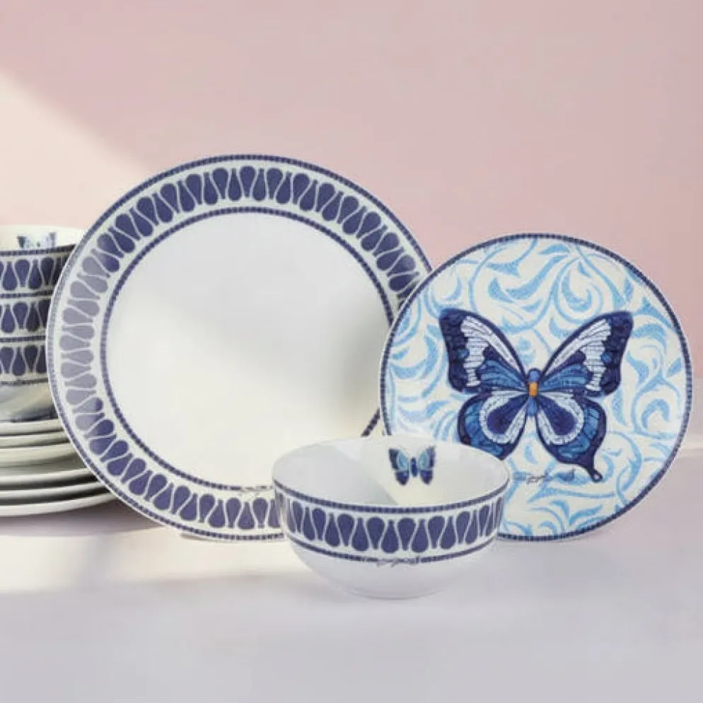 Dolly Parton Mosaic Blue Butterfly 12 Piece Dinnerware Set Service for 4