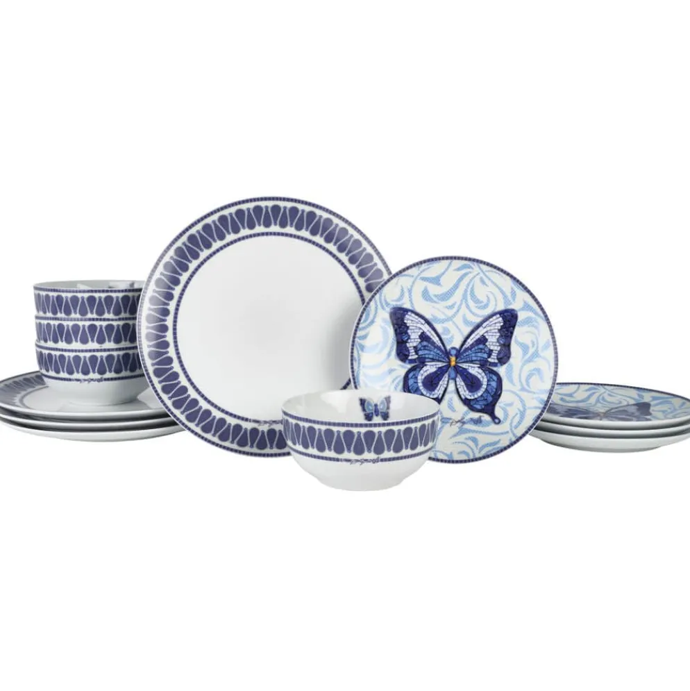 Dolly Parton Mosaic Blue Butterfly 12 Piece Dinnerware Set Service for 4