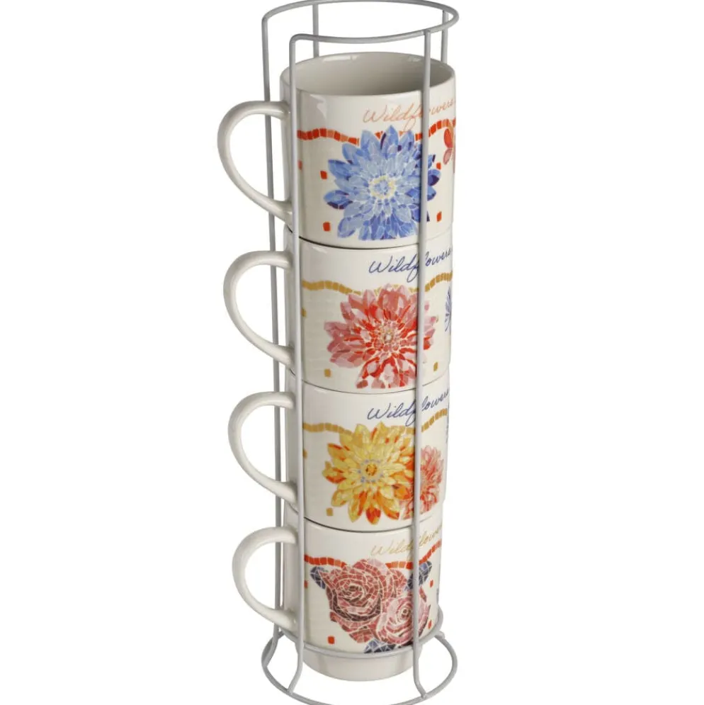 Dolly Parton Mosaic Floral Set of 4 Mugs with Rack