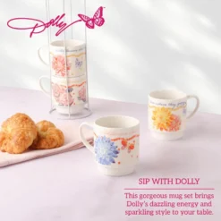 Dolly Parton Mosaic Floral Set of 4 Mugs with Rack