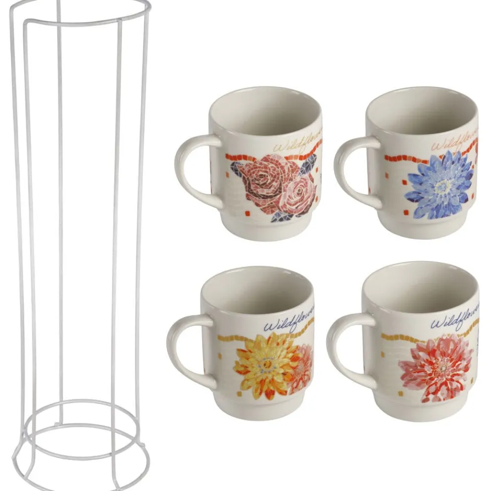 Dolly Parton Mosaic Floral Set of 4 Mugs with Rack