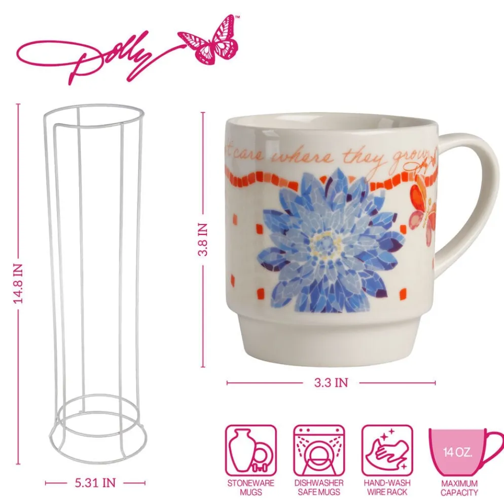 Dolly Parton Mosaic Floral Set of 4 Mugs with Rack