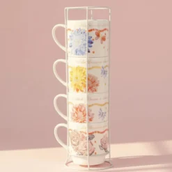Dolly Parton Mosaic Floral Set of 4 Mugs with Rack