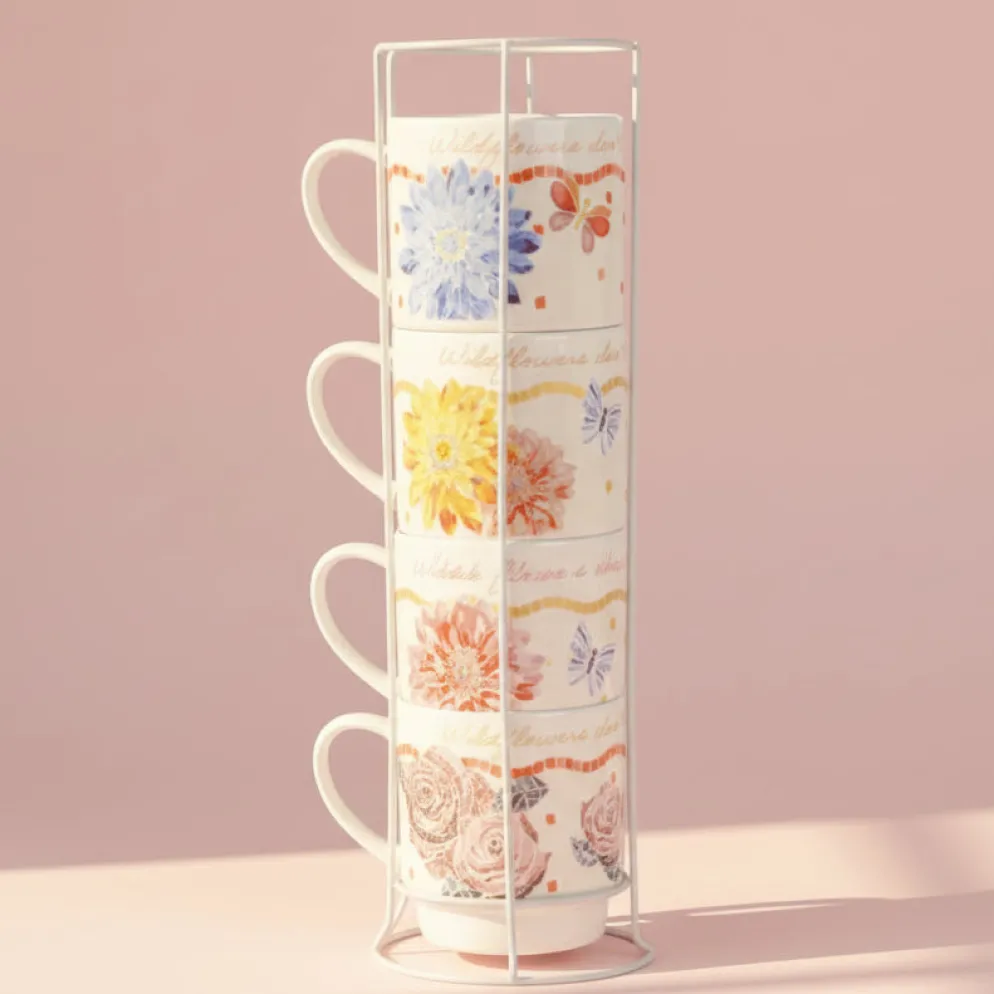 Dolly Parton Mosaic Floral Set of 4 Mugs with Rack