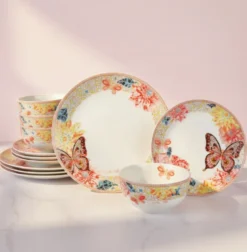 Dolly Parton Mosaic Peach Butterfly 12 Piece Dinnerware Set Service for 4