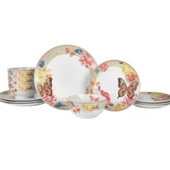Dolly Parton Mosaic Peach Butterfly 12 Piece Dinnerware Set Service for 4