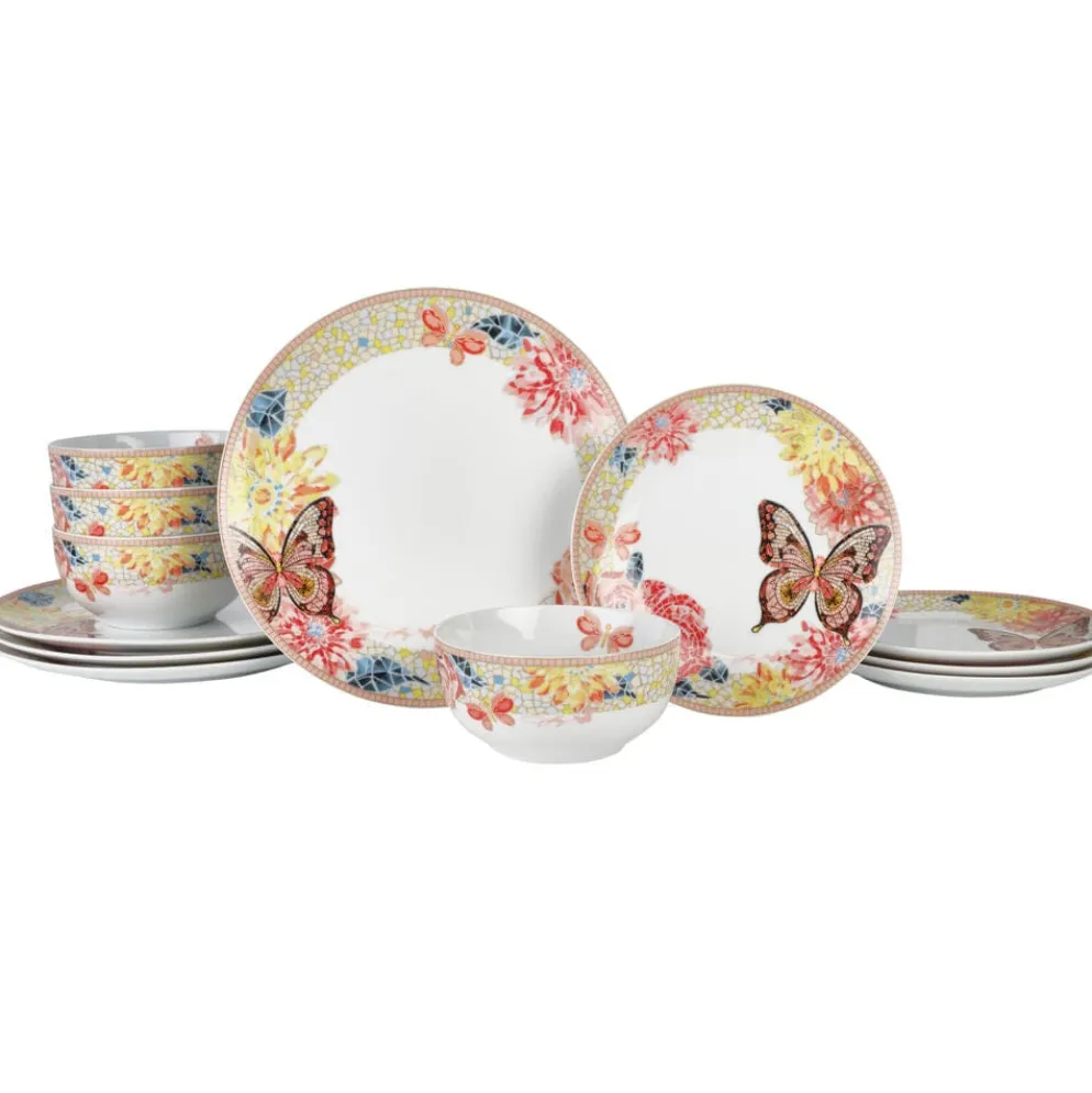 Dolly Parton Mosaic Peach Butterfly 12 Piece Dinnerware Set Service for 4