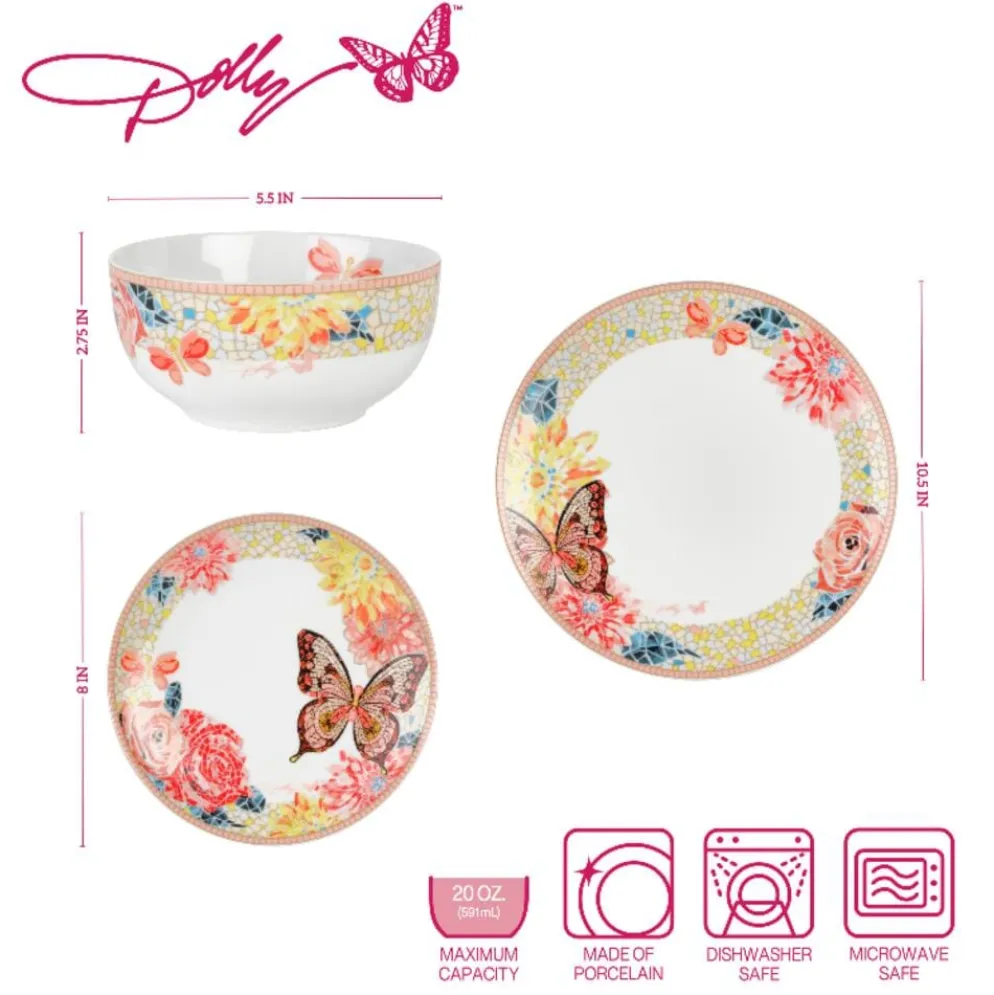 Dolly Parton Mosaic Peach Butterfly 12 Piece Dinnerware Set Service for 4