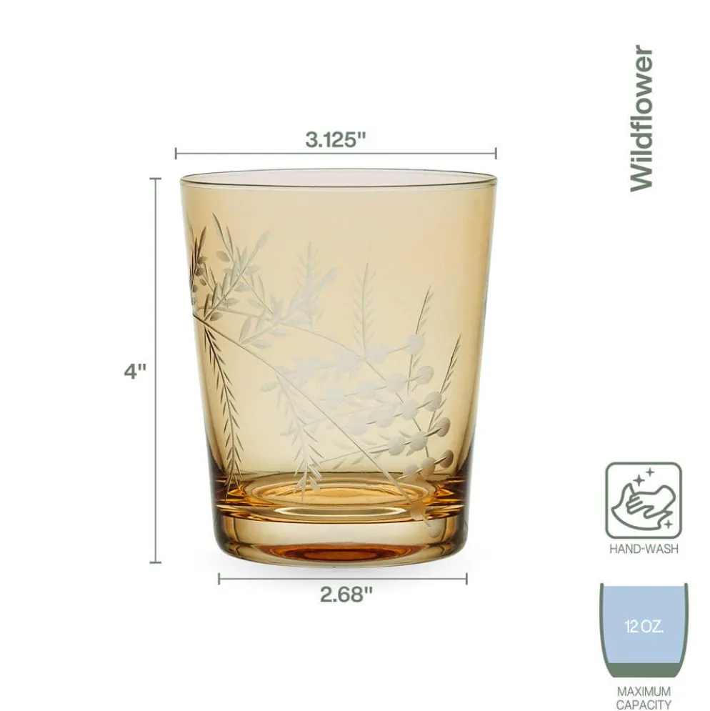 Fitz and Floyd Wildflower Double Old Fashioned Glasses Set of 4, Gold