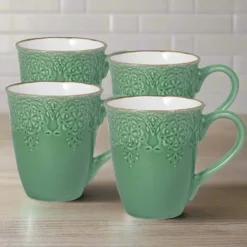 French Lace Set of 4 Green Mugs