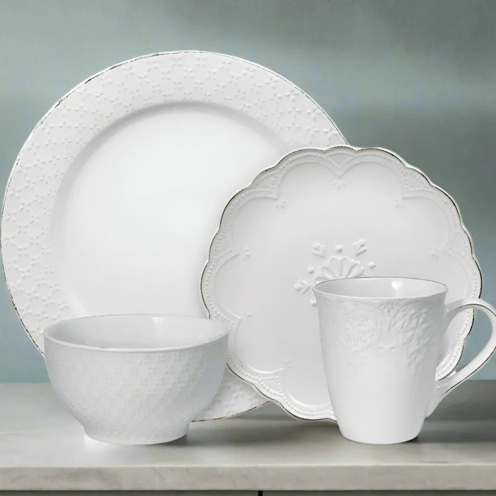 French Lace White 16 Piece Dinnerware Set Service for 4
