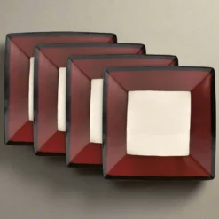 Gourmet Basics Belmont Set of 4 Red Square Dinner Plates