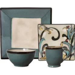 Gourmet Basics Belmont Square Blue Leaves Dinnerware Set