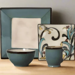 Gourmet Basics Belmont Square Blue Leaves Dinnerware Set