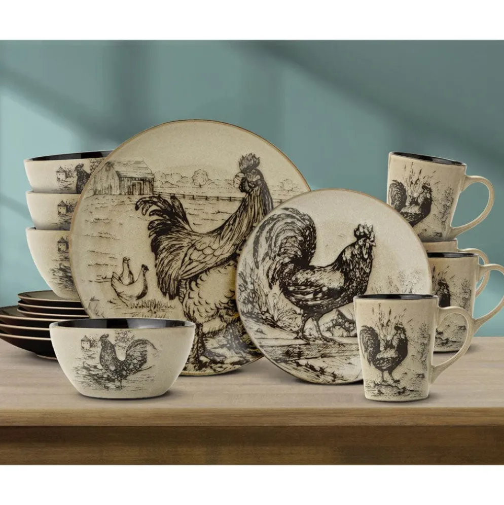 Homespun Rooster 16 Piece Dinnerware Set, Service for 4