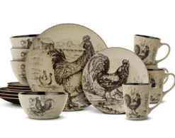 Homespun Rooster 16 Piece Dinnerware Set, Service for 4
