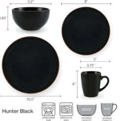 Hunter Black 16 Piece Dinnerware Set, Service for 4