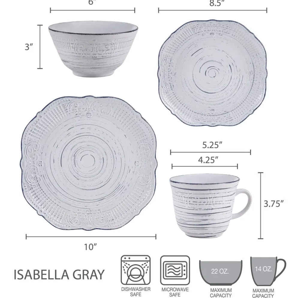 Isabella Gray 16 Piece Dinnerware Set, Service for 4