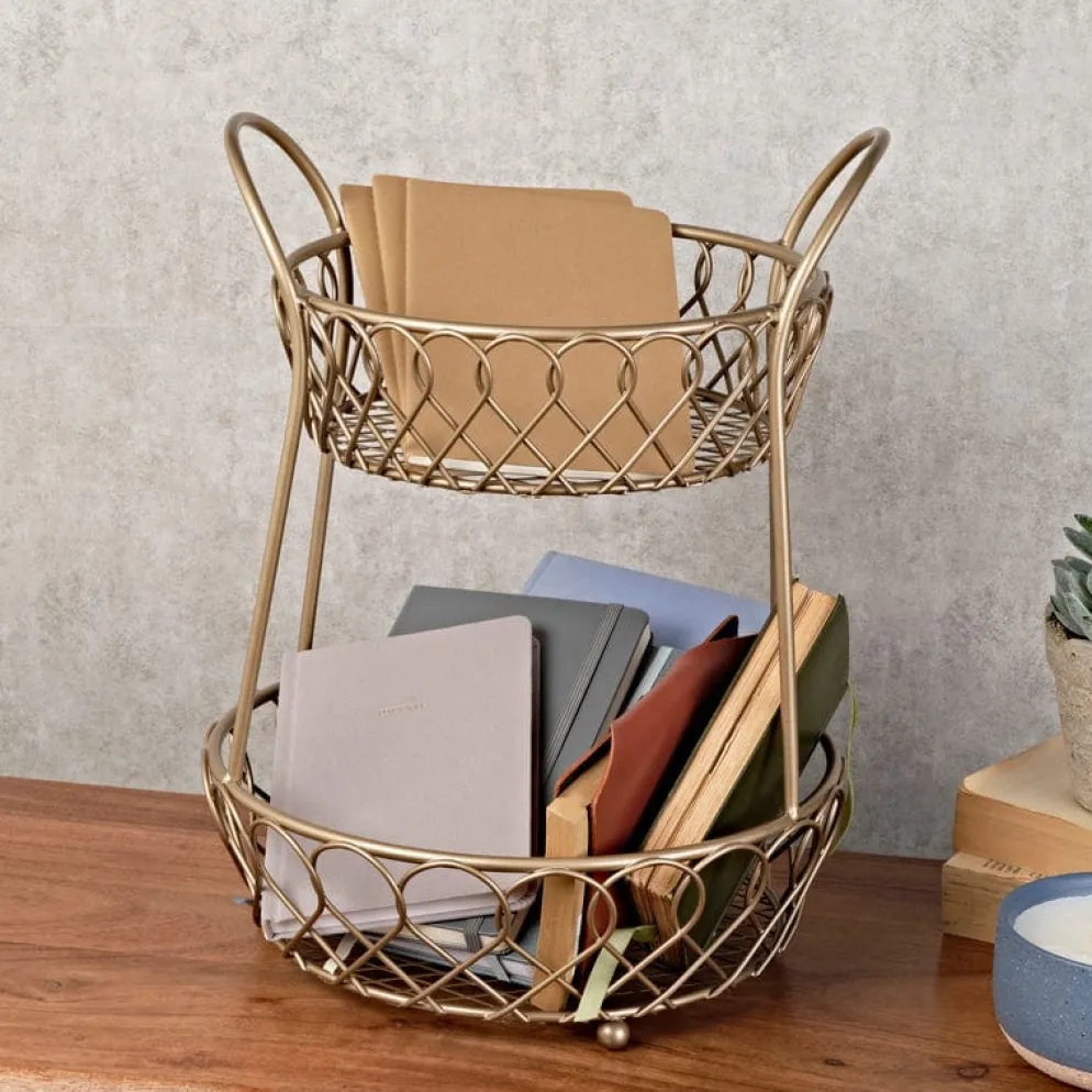 Lattice 2 Tier Matte Gold Countertop Basket