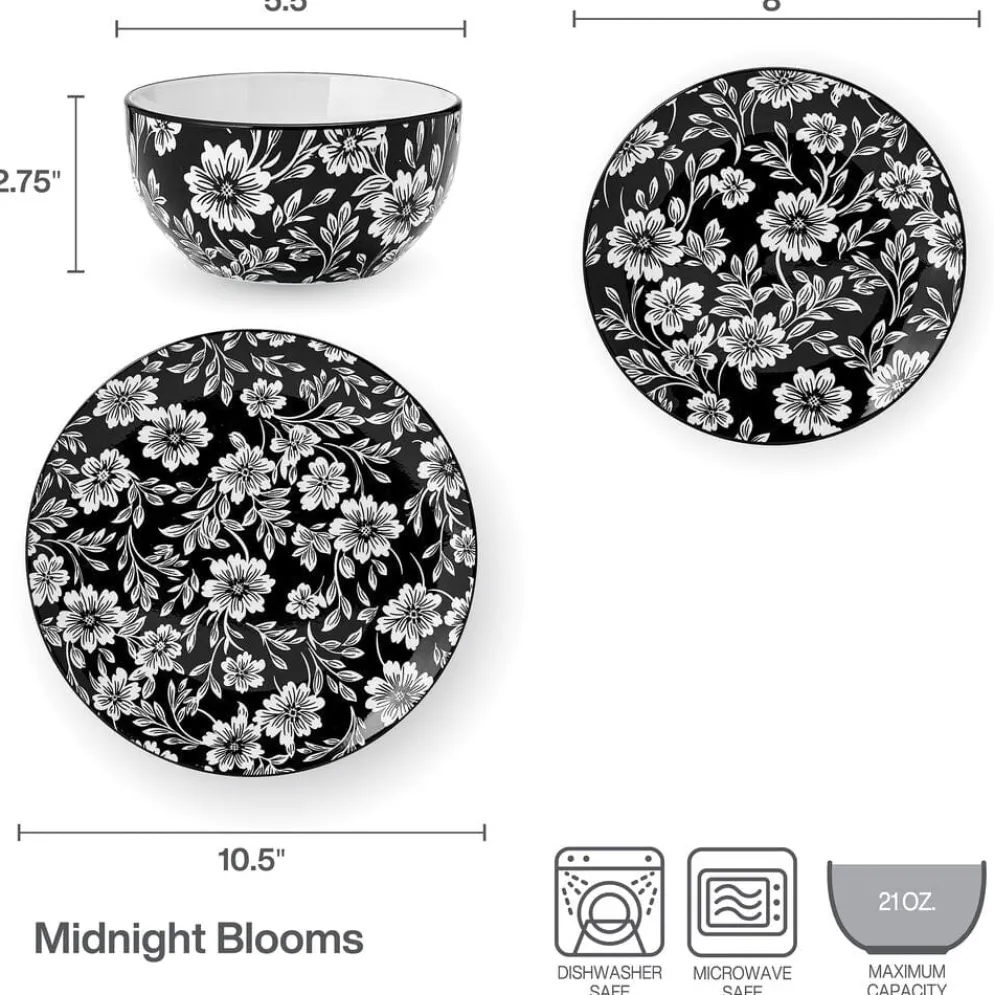 Midnight Blooms 12 Piece Dinnerware Set, Service for 4