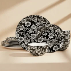 Midnight Blooms 12 Piece Dinnerware Set, Service for 4