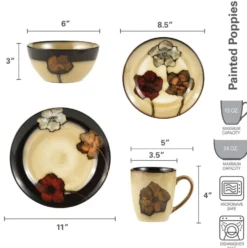Painted Poppies 16 Piece Dinnerware Set, Service for 4