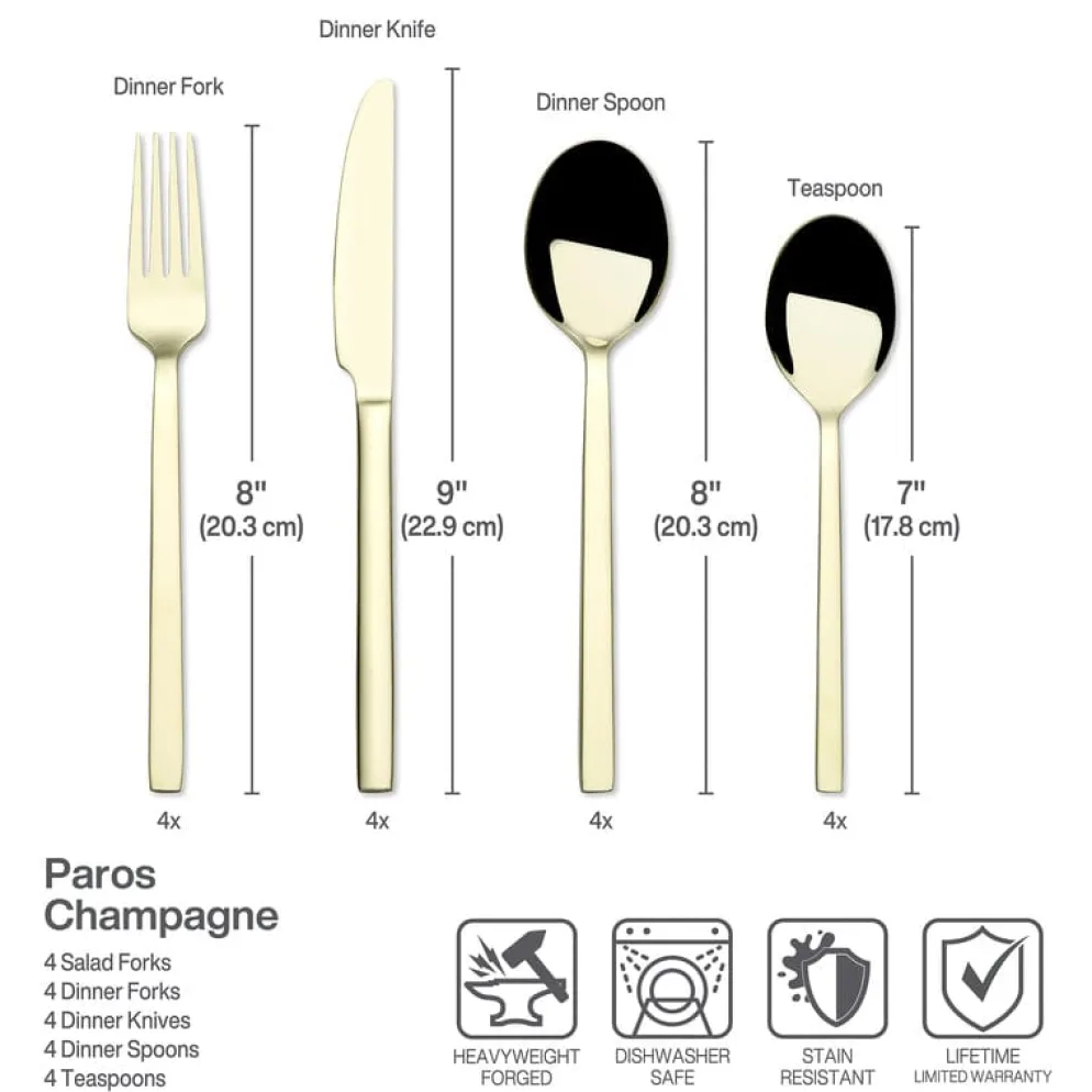 Paros Champagne Forged 16 Piece Flatware Set, Service for 4