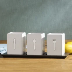 3 Piece Flatware Caddy with Wood Tray