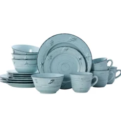 Trellis Coastal Teal 16 Piece Dinnerware Set, Service for 4
