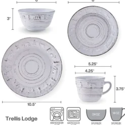 Trellis Lodge White 16 Piece Dinnerware Set, Service for 4