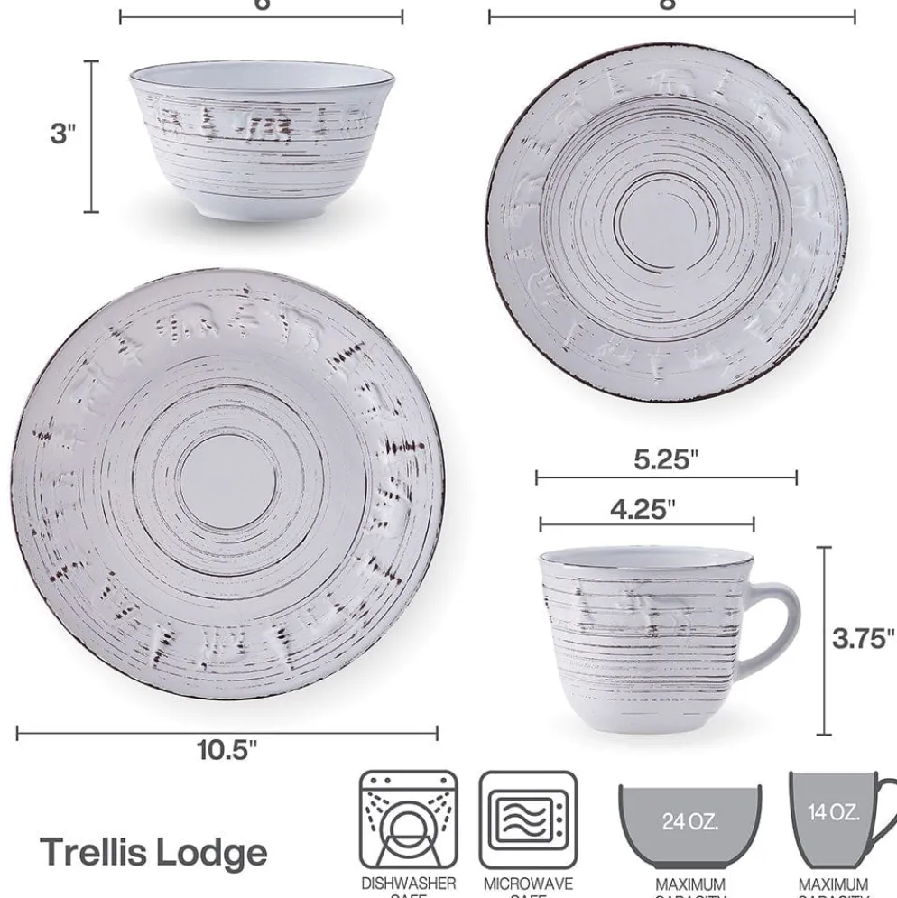 Trellis Lodge White 16 Piece Dinnerware Set, Service for 4