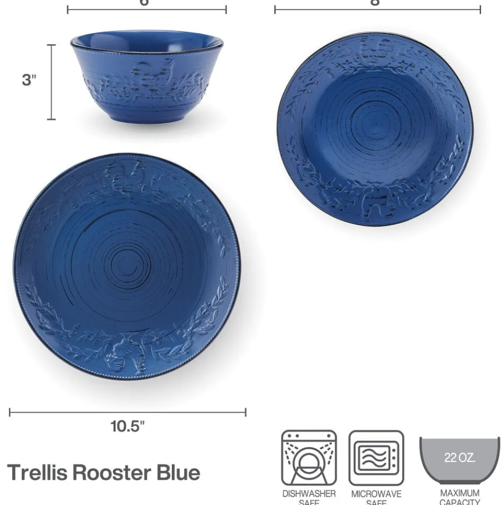 Trellis Rooster Blue 12 Piece Set, Service for 4