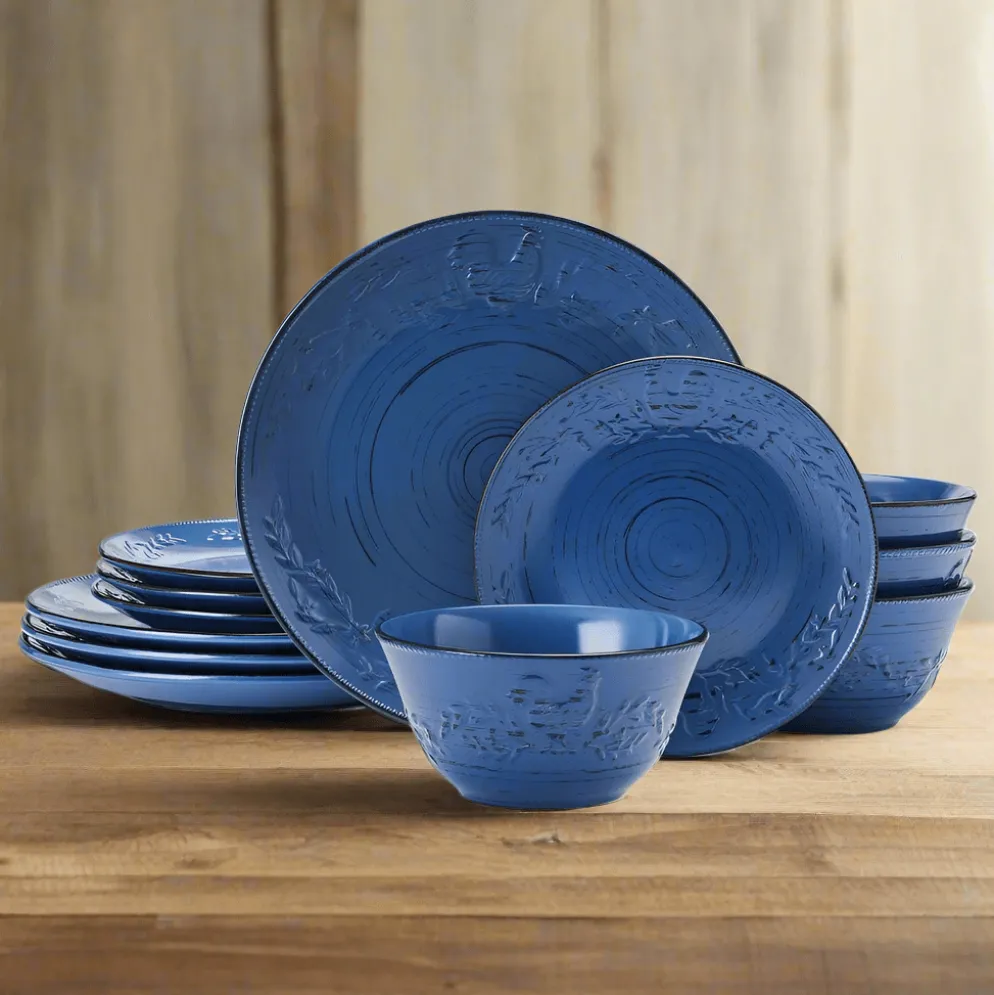 Trellis Rooster Blue 12 Piece Set, Service for 4