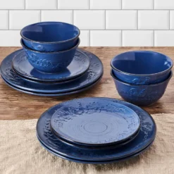 Trellis Rooster Blue 12 Piece Set, Service for 4