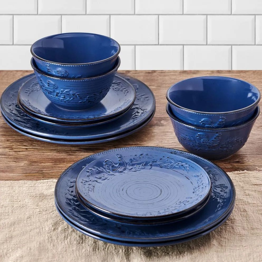 Trellis Rooster Blue 12 Piece Set, Service for 4