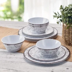 Trellis White 12 Piece Outdoor Melamine Dinnerware Set, Service for 4