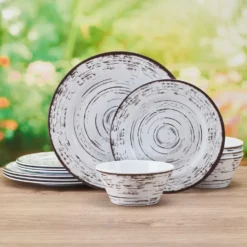 Trellis White 12 Piece Outdoor Melamine Dinnerware Set, Service for 4