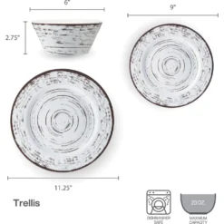 Trellis White 12 Piece Outdoor Melamine Dinnerware Set, Service for 4