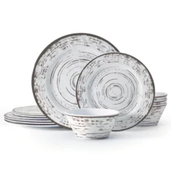 Trellis White 12 Piece Outdoor Melamine Dinnerware Set, Service for 4